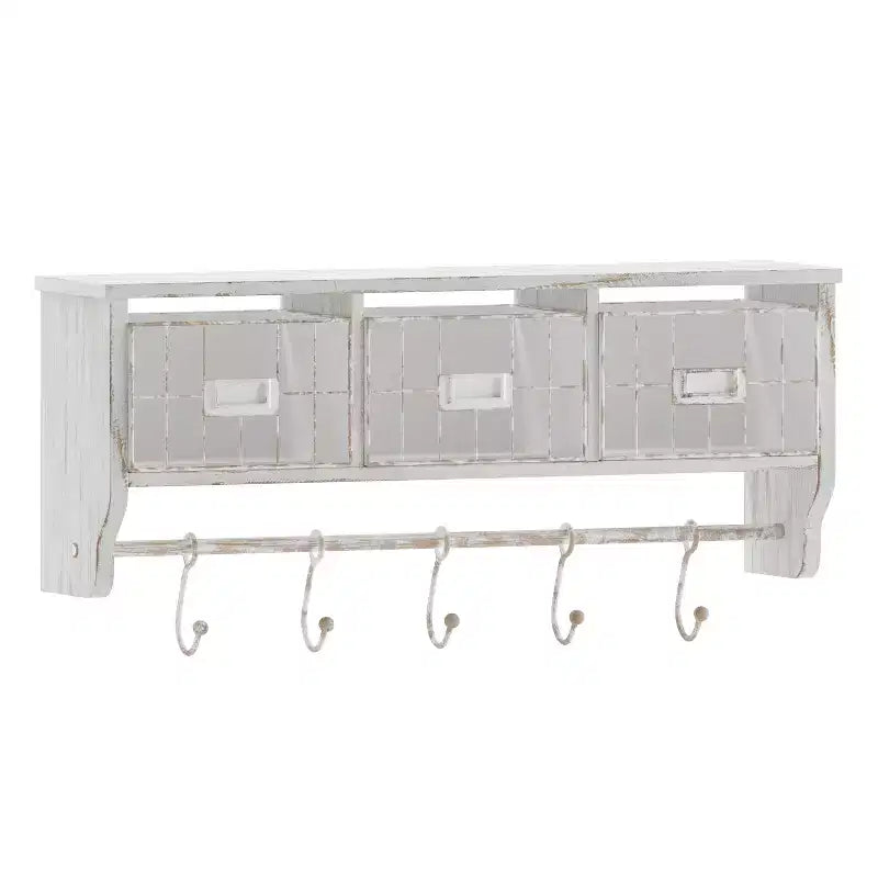 Scaffale da Parete in Legno Massello di Pino da 60 cm con Mensola Superiore, 5 Ganci e Cesti in Filo Metallico per Soggiorno, Cucina o Ingresso