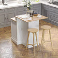 Isola da cucina con mobile contenitore e piano in legno di caucciù a 2 livelli, tavolo isola con ripiani regolabili e cassetti, bianco