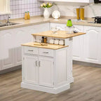 Isola da cucina con mobile contenitore e piano in legno di caucciù a 2 livelli, tavolo isola con ripiani regolabili e cassetti, bianco