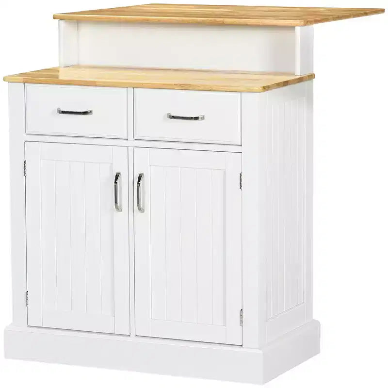 Isola da cucina con mobile contenitore e piano in legno di caucciù a 2 livelli, tavolo isola con ripiani regolabili e cassetti, bianco