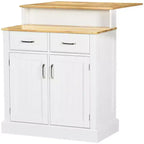 Isola da cucina con mobile contenitore e piano in legno di caucciù a 2 livelli, tavolo isola con ripiani regolabili e cassetti, bianco