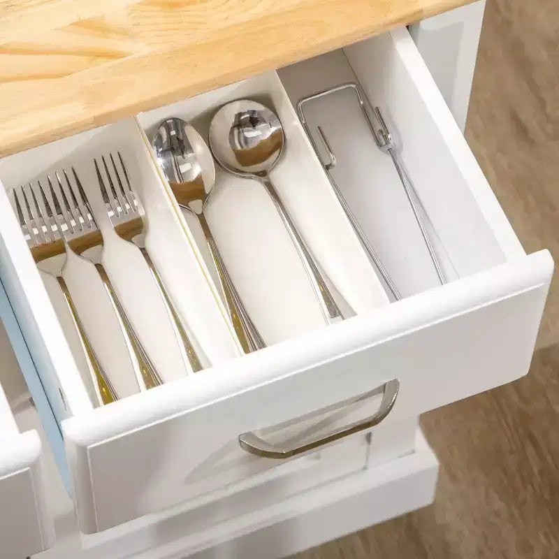 Isola da cucina con mobile contenitore e piano in legno di caucciù a 2 livelli, tavolo isola con ripiani regolabili e cassetti, bianco