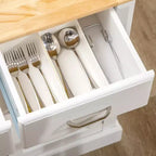 Isola da cucina con mobile contenitore e piano in legno di caucciù a 2 livelli, tavolo isola con ripiani regolabili e cassetti, bianco