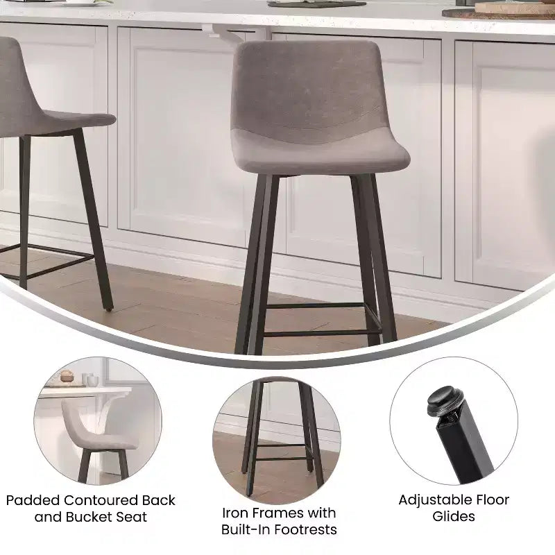 Set di Due Sgabelli da Bar Moderni Rivestiti da 61 cm, con Strutture in Metallo Opaco e Pattini in Plastica per Protezione Pavimento