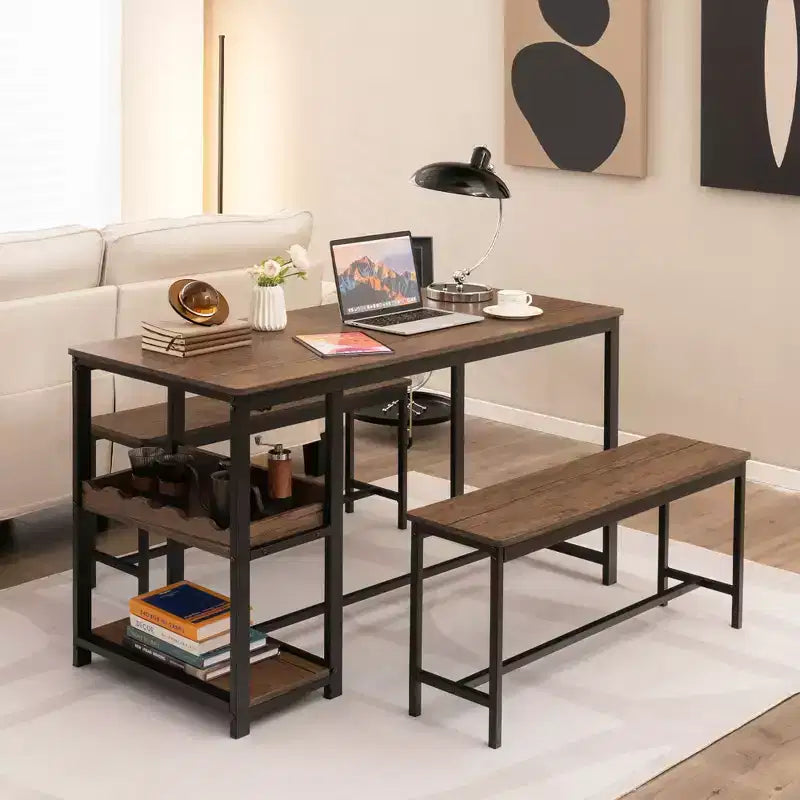 Set da pranzo 3 pezzi per 4 persone Tavolo da cucina e 2 panche con scaffale
