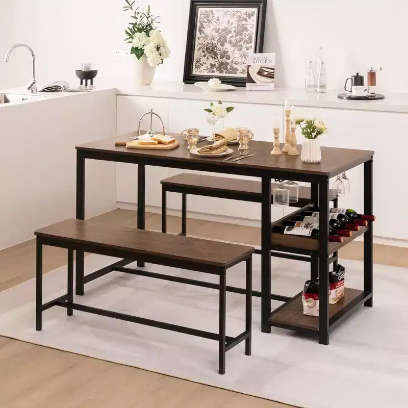 Set da pranzo 3 pezzi per 4 persone Tavolo da cucina e 2 panche con scaffale