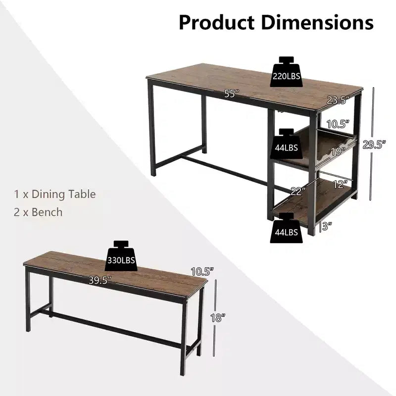 Set da pranzo 3 pezzi per 4 persone Tavolo da cucina e 2 panche con scaffale