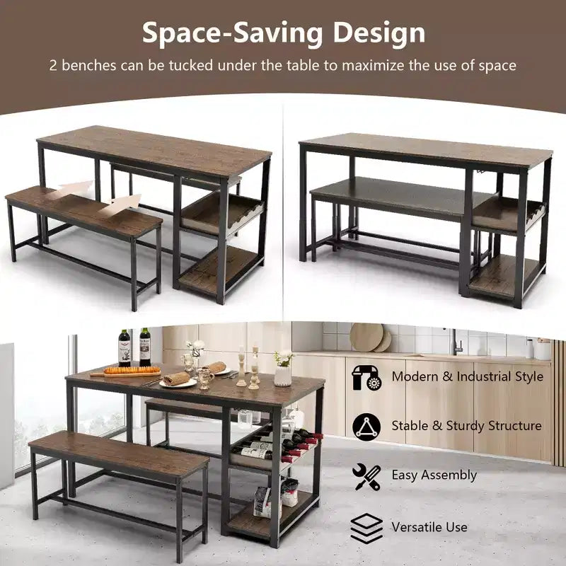 Set da pranzo 3 pezzi per 4 persone Tavolo da cucina e 2 panche con scaffale