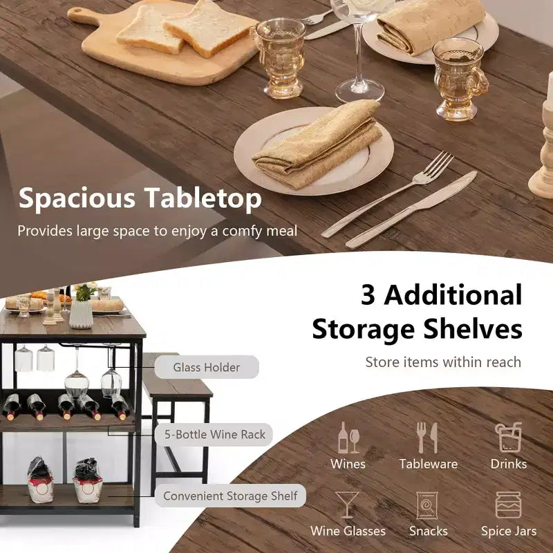 Set da pranzo 3 pezzi per 4 persone Tavolo da cucina e 2 panche con scaffale