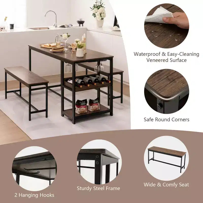 Set da pranzo 3 pezzi per 4 persone Tavolo da cucina e 2 panche con scaffale